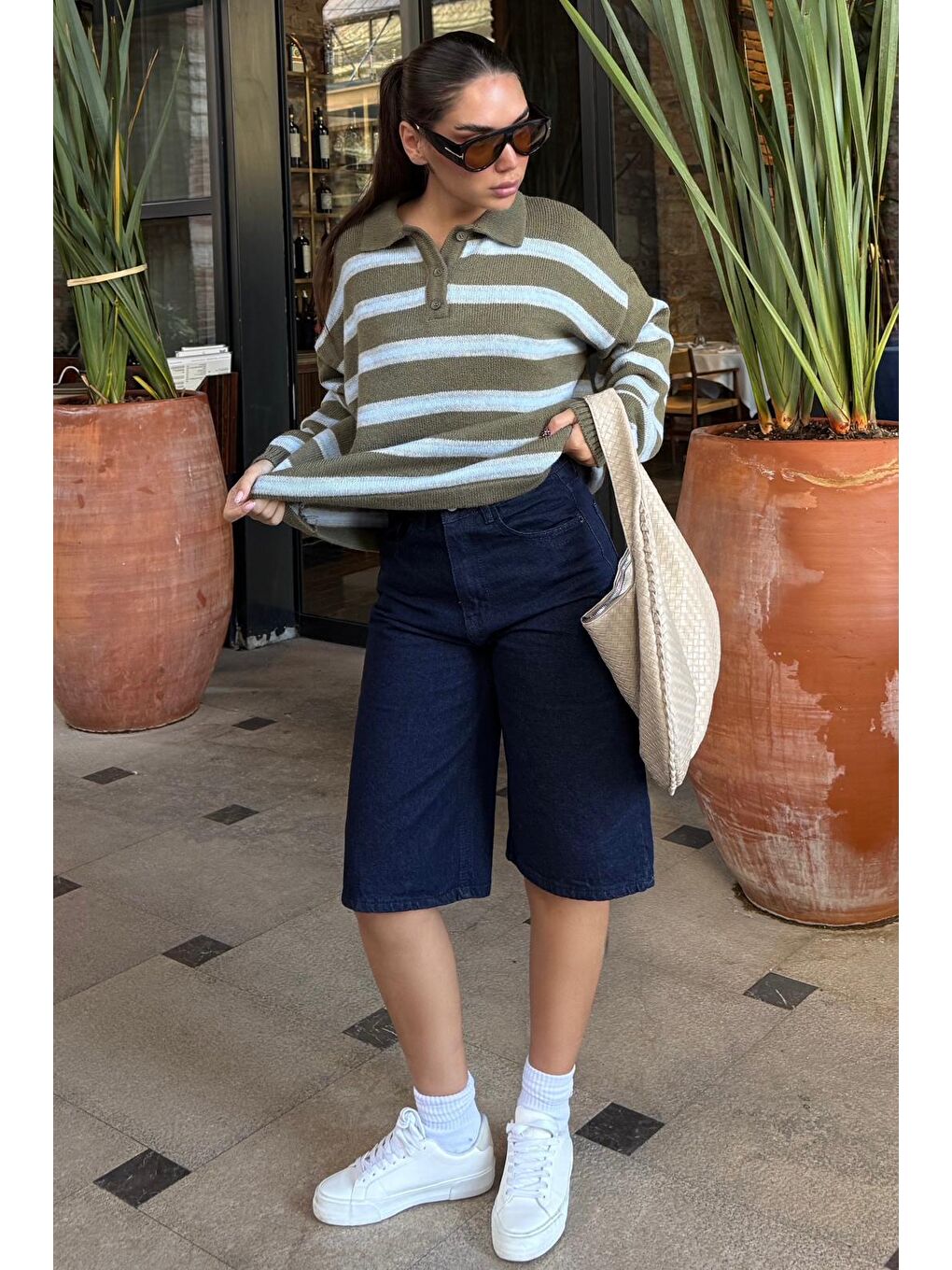 Haki Polo Yaka Çizgili Kadın Triko Kazak Mg2469-2