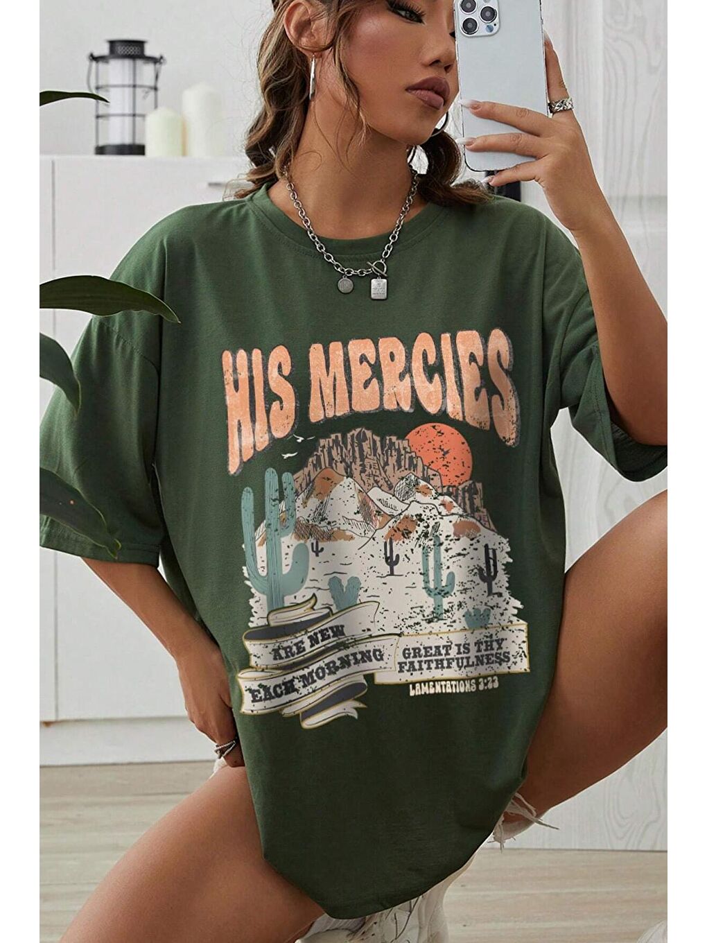 uyguntarz Yeşil Unisex His Mercies Baskılı Oversize Tshirt - 1