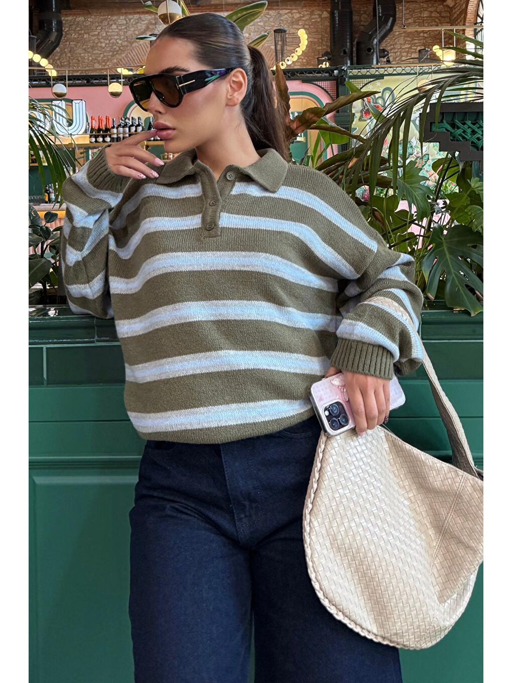 Haki Polo Yaka Çizgili Kadın Triko Kazak Mg2469-3