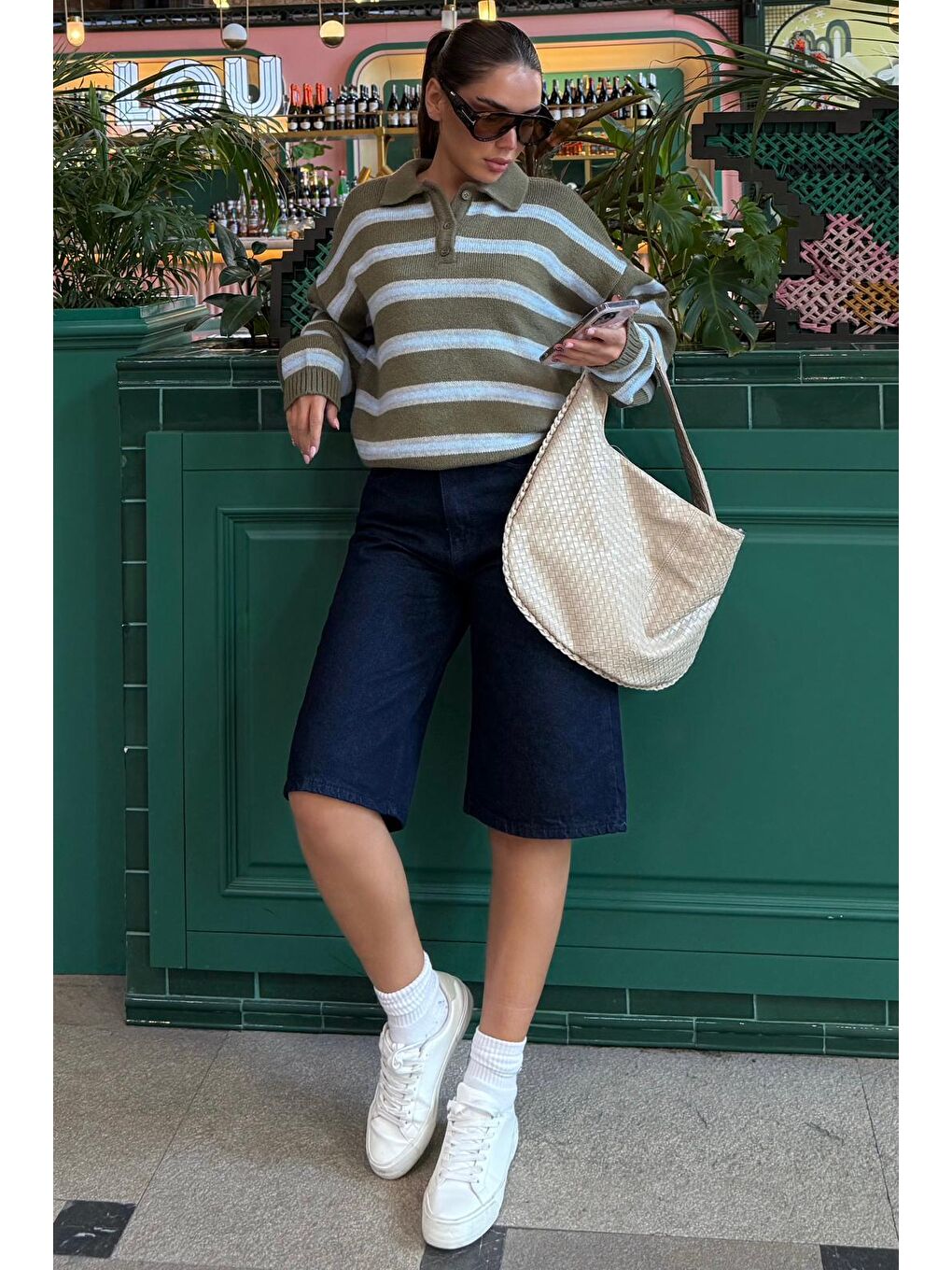 Haki Polo Yaka Çizgili Kadın Triko Kazak Mg2469-4