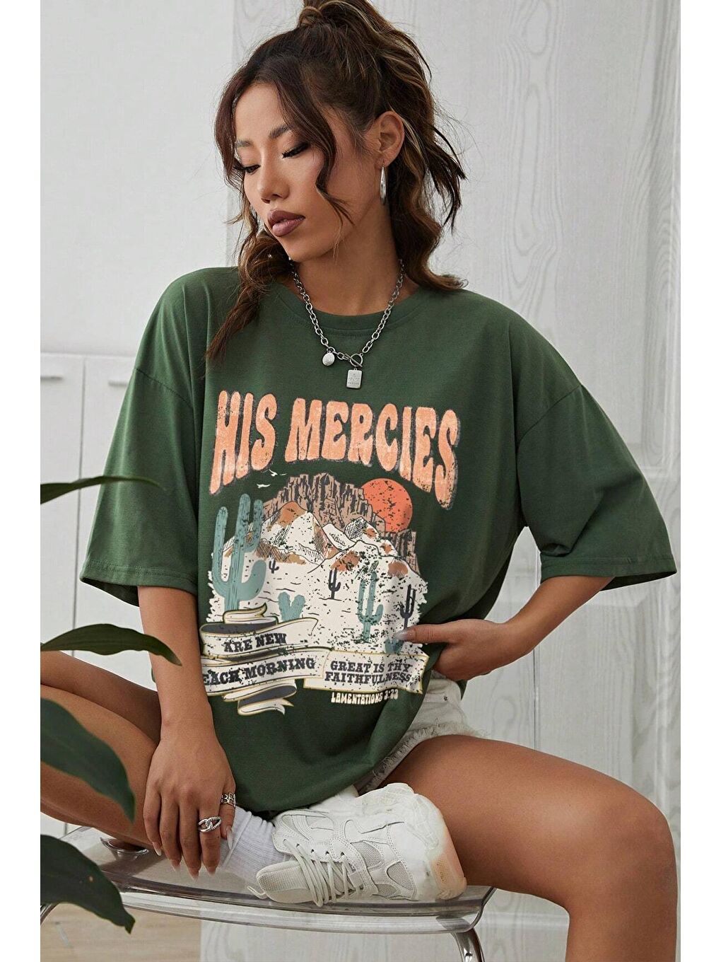 uyguntarz Yeşil Unisex His Mercies Baskılı Oversize Tshirt - 2