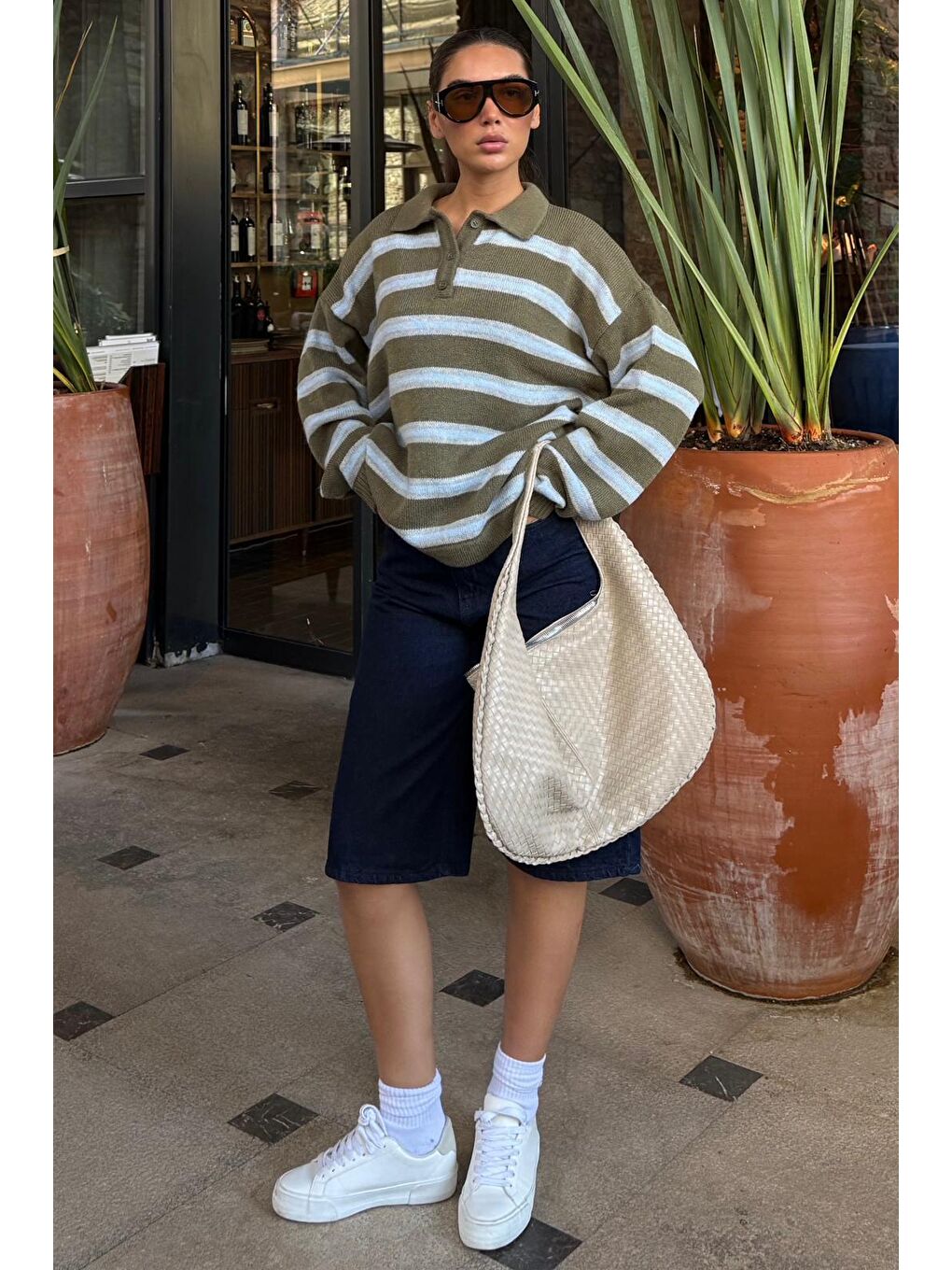 Haki Polo Yaka Çizgili Kadın Triko Kazak Mg2469-5