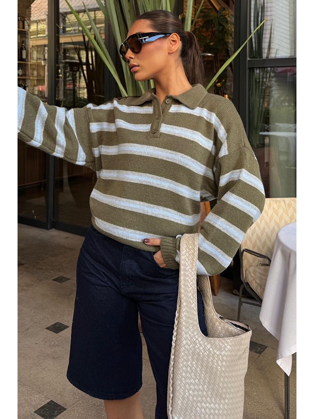 Haki Polo Yaka Çizgili Kadın Triko Kazak Mg2469-6