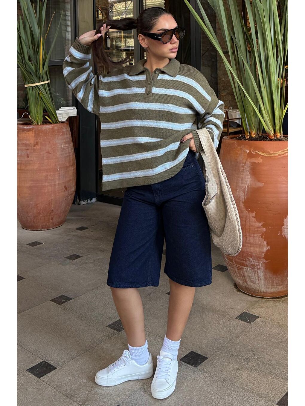 Haki Polo Yaka Çizgili Kadın Triko Kazak Mg2469-7