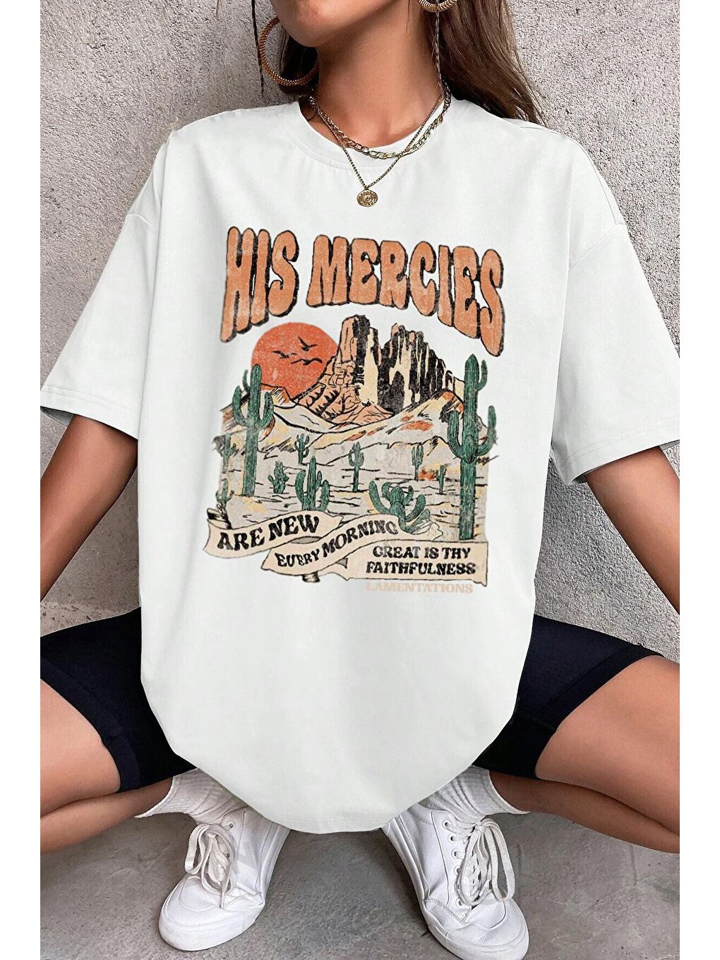 uyguntarz Beyaz Unisex His Mercies Baskılı Oversize Tshirt