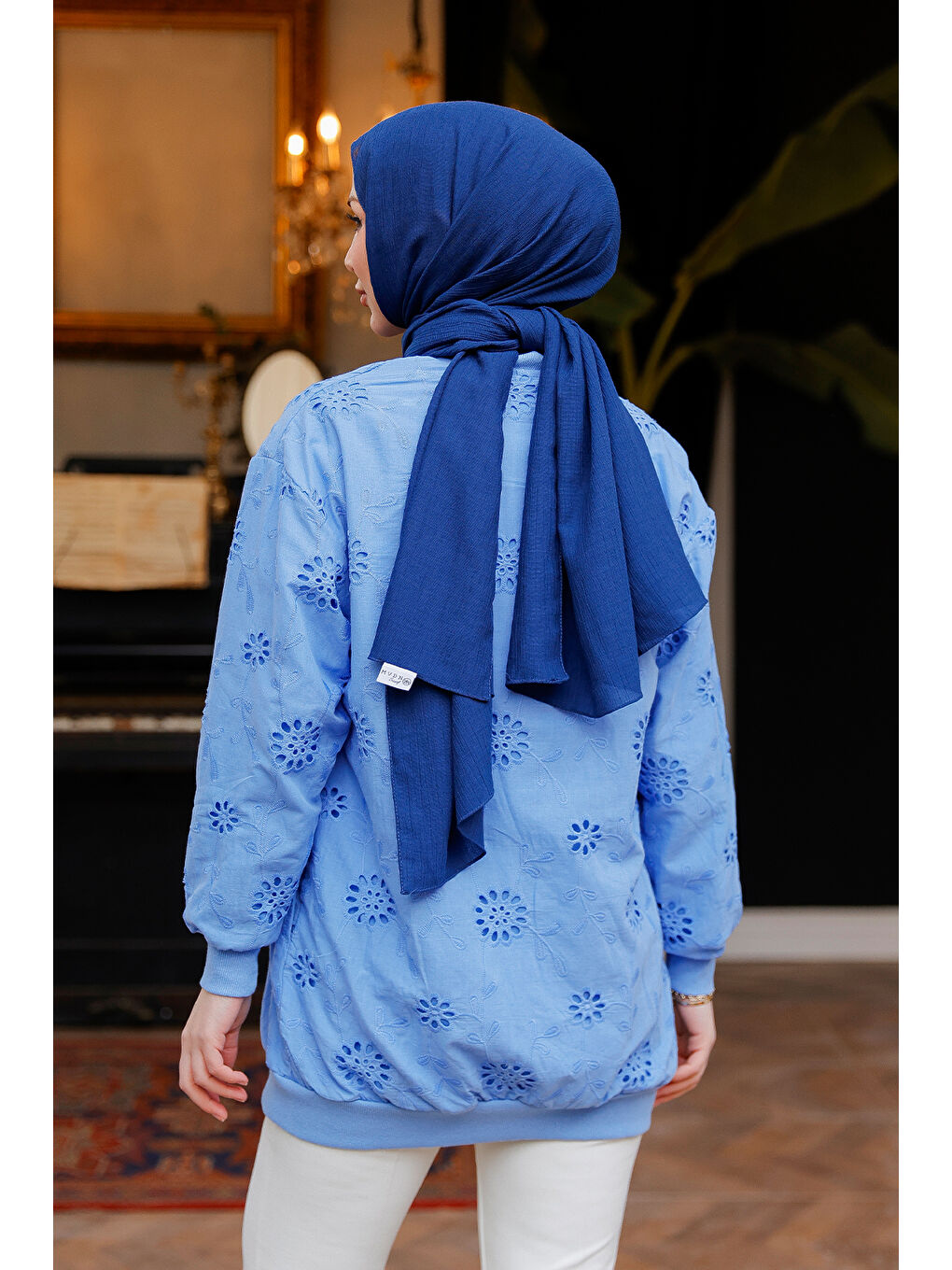 Kadın Taş İşlemeli Brode Hırka Mavi-3