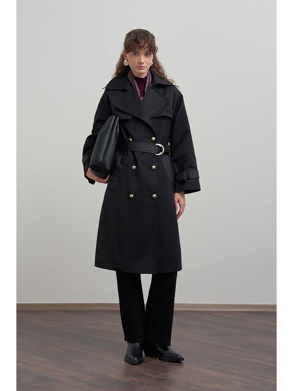 Siyah-Kruvaze Rüzgarlıklı Uzun Trençkot