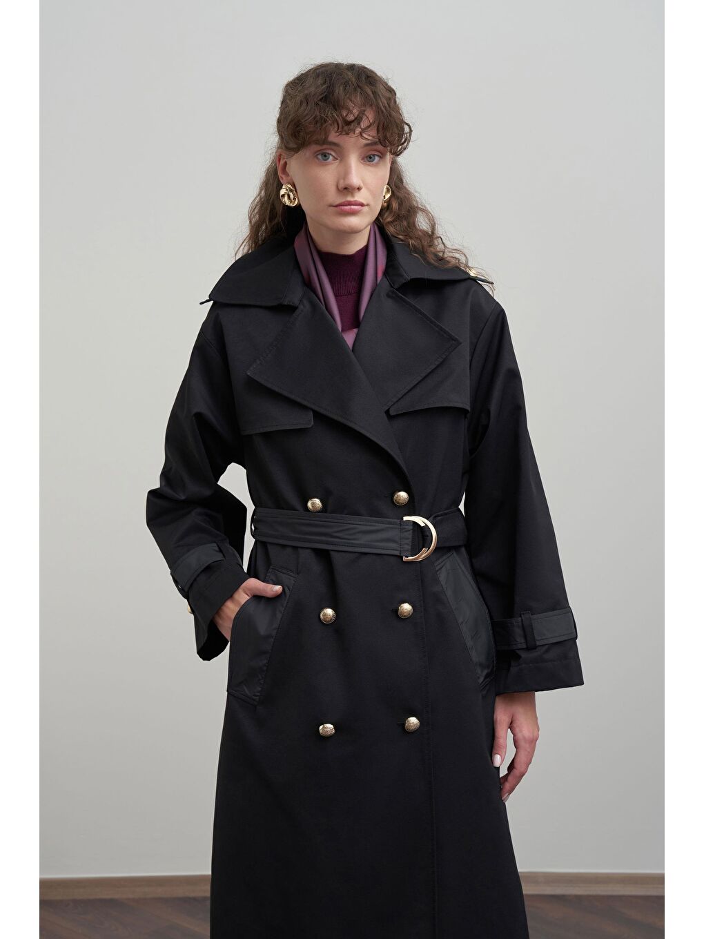 Siyah-Kruvaze Rüzgarlıklı Uzun Trençkot-3