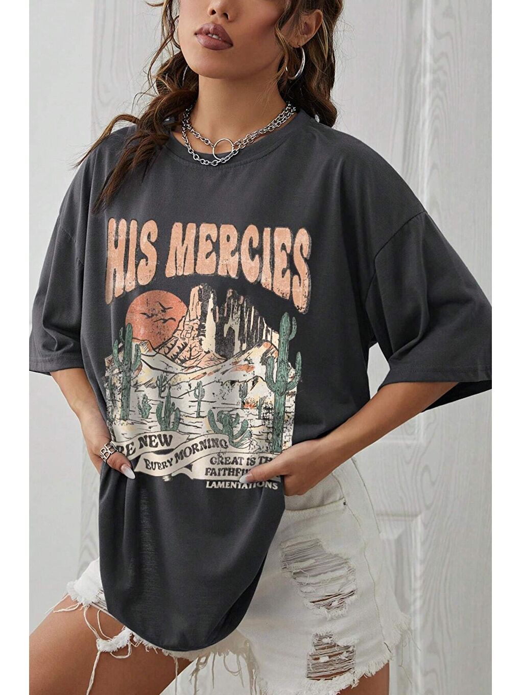 uyguntarz Siyah Unisex His Mercies Baskılı Oversize Tshirt