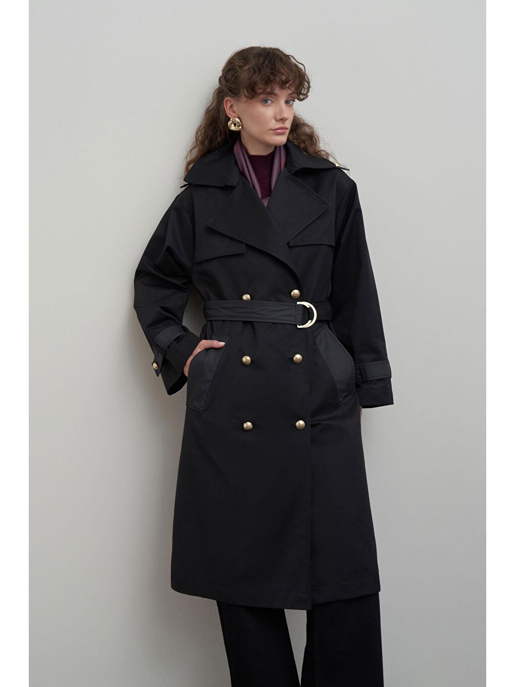 Siyah-Kruvaze Rüzgarlıklı Uzun Trençkot-5