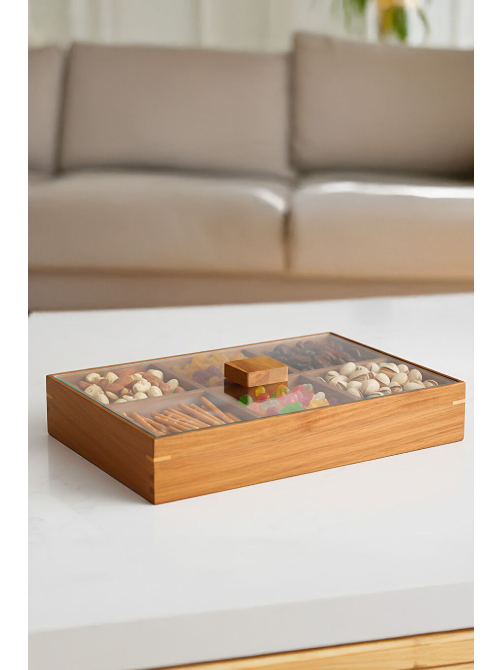 Kahverengi 76748 Akasya 6 Bölmeli Kapaklı Ahşap Bambu Çerezlik Sunumluk Saklama Kabı-1