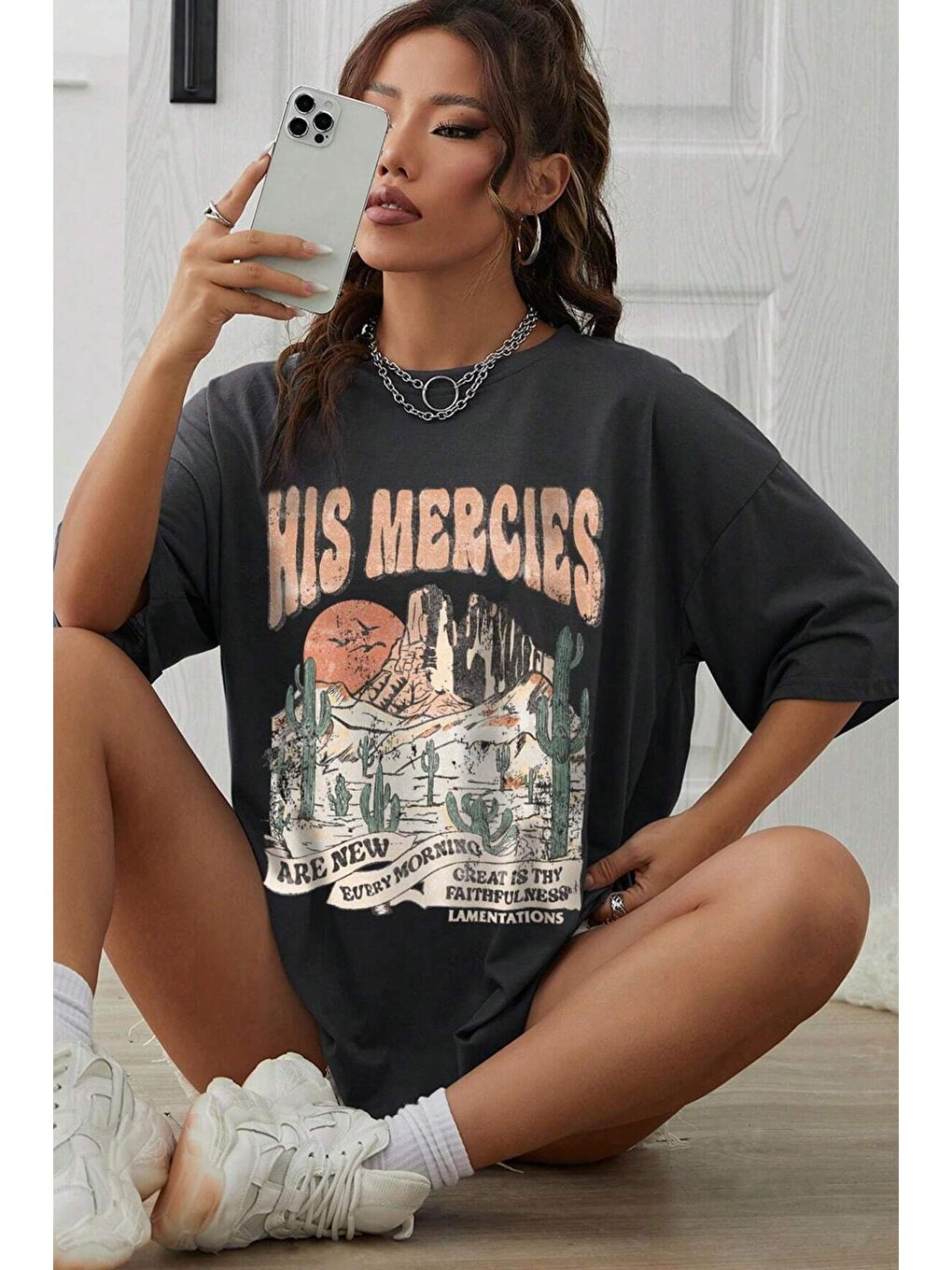 uyguntarz Siyah Unisex His Mercies Baskılı Oversize Tshirt - 1