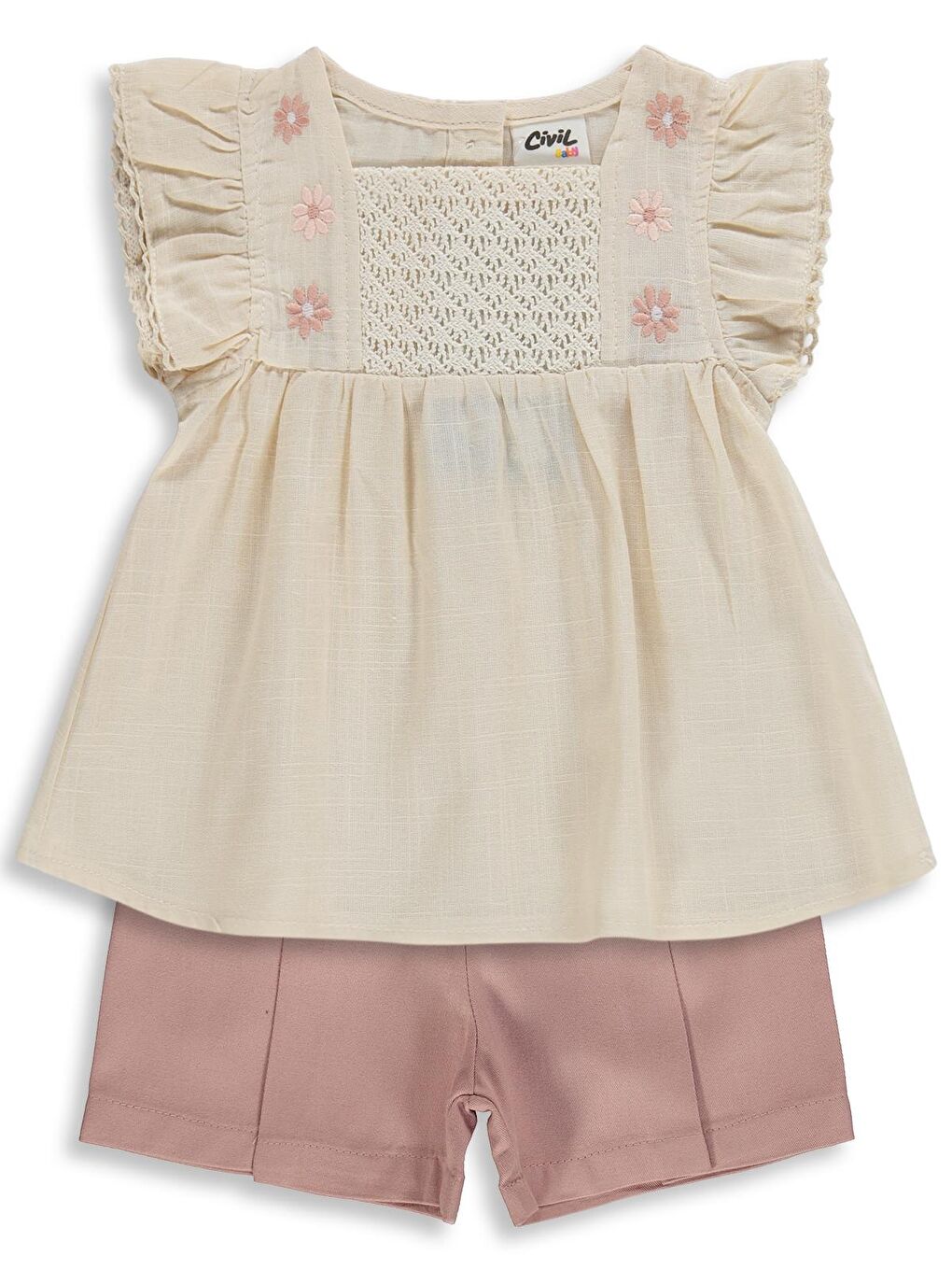 Ekru Baby Yaka Çiçek Nakışlı 6-18 Ay Takım - Bej