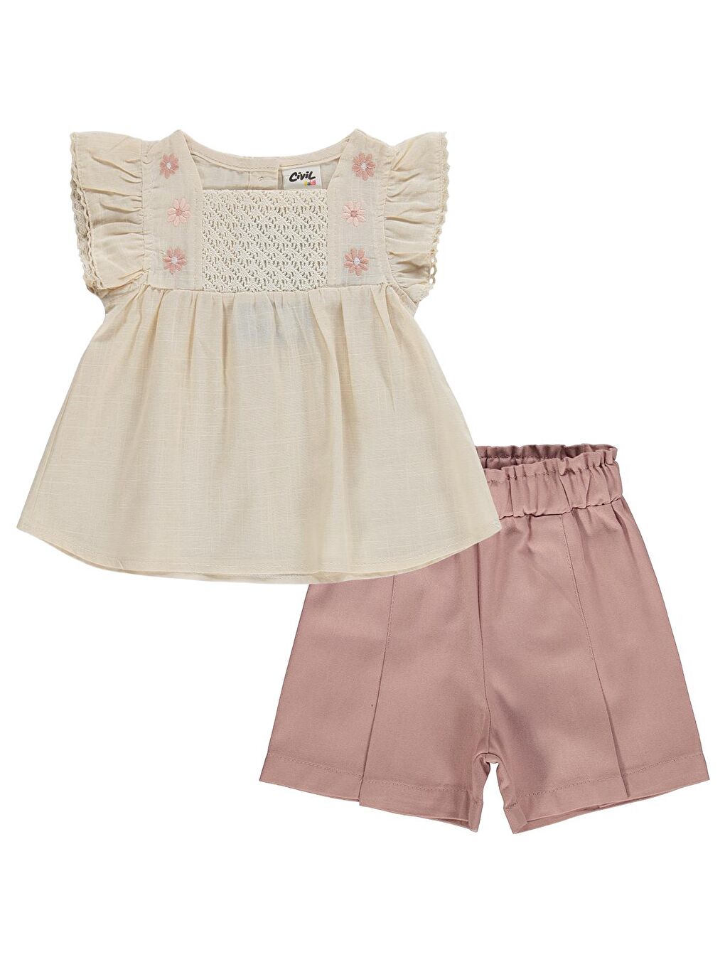 Ekru Baby Yaka Çiçek Nakışlı 6-18 Ay Takım - Bej-3