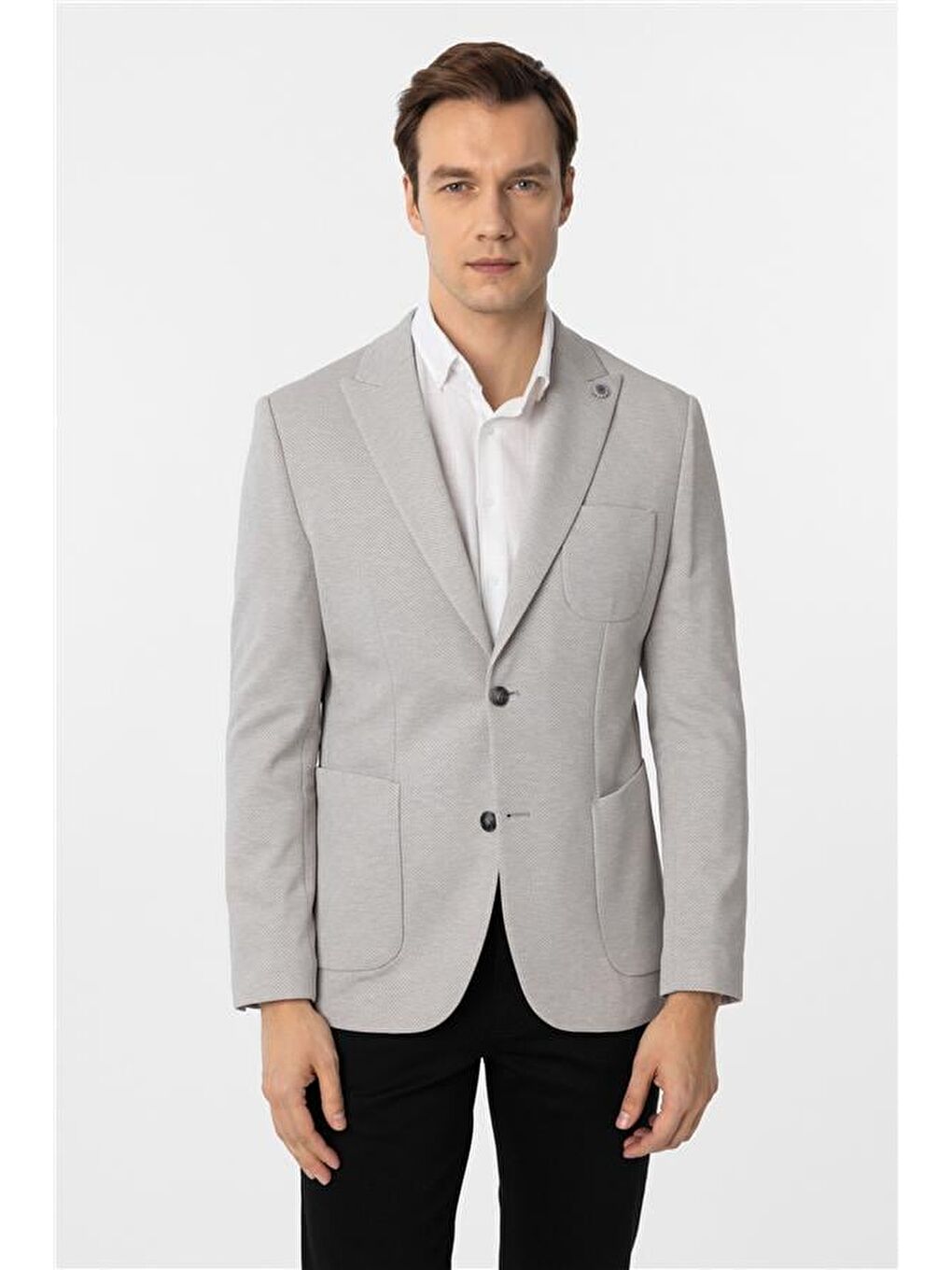 Bej Gri Slim Armürlü Sivri Yaka 6 Drop Ceket