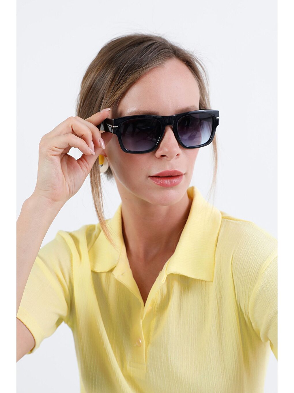 Mavi Dikdörtgen Çerçeveli Metal Aksesuarlı Güneş Gözlüğü-1