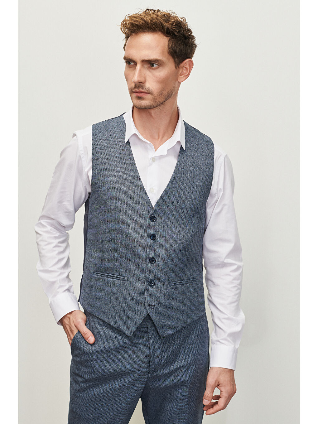 Erkek Koyu Lacivert Slim Fit Dar Kesim Mono Yaka Ekose Desenli Yelekli Takım Elbise-3