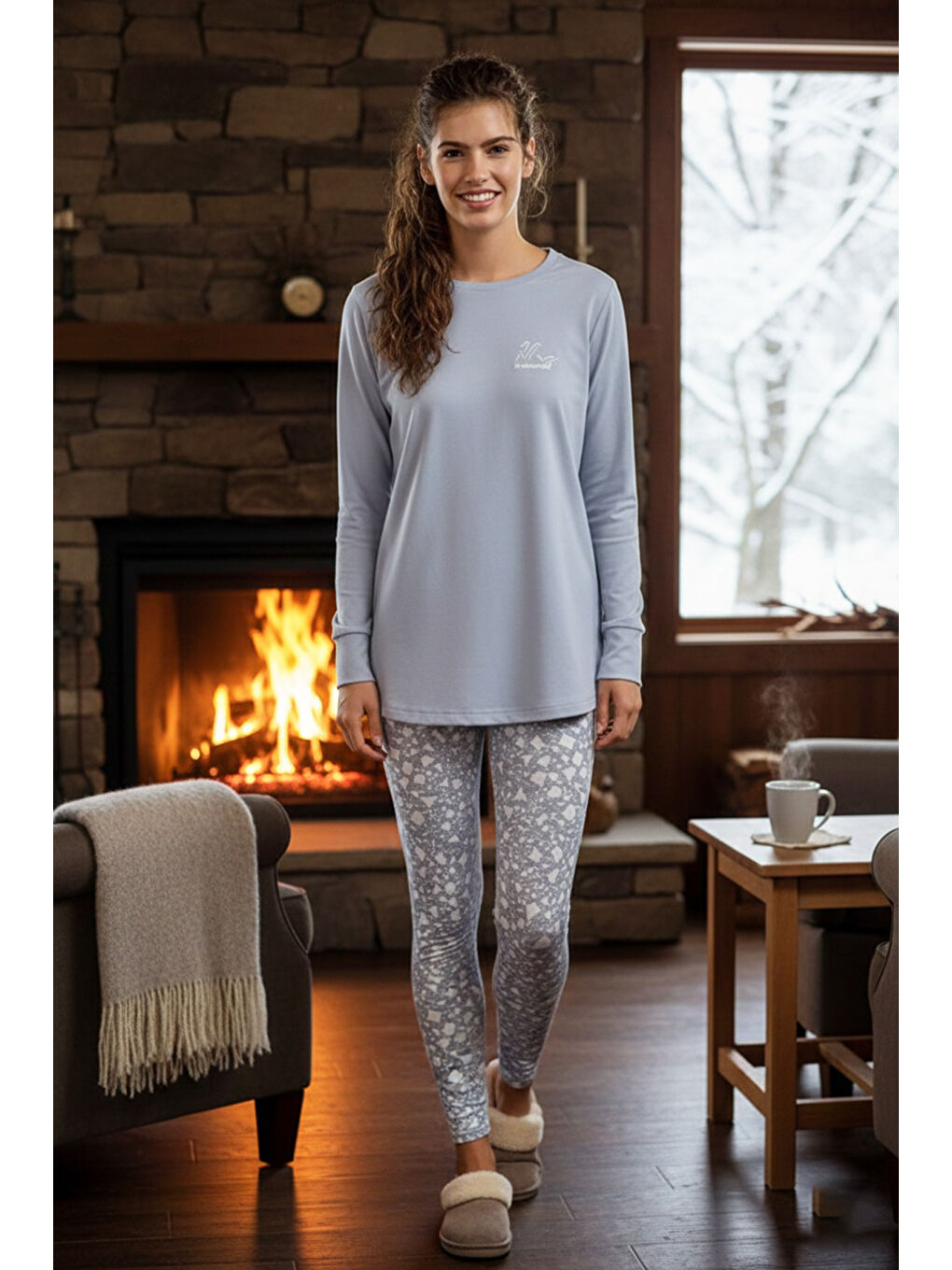 Kadın Uzun Kol Taytlı Pijama Takımı 40035 Gri02-2