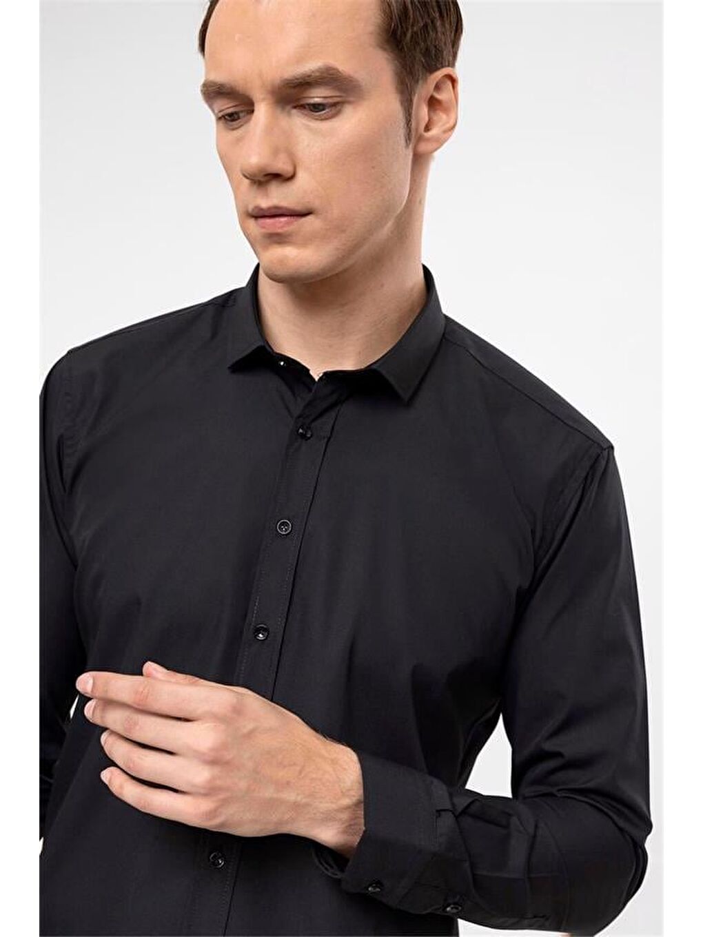 Siyah Slim Düz Klasik Yaka Gömlek-2