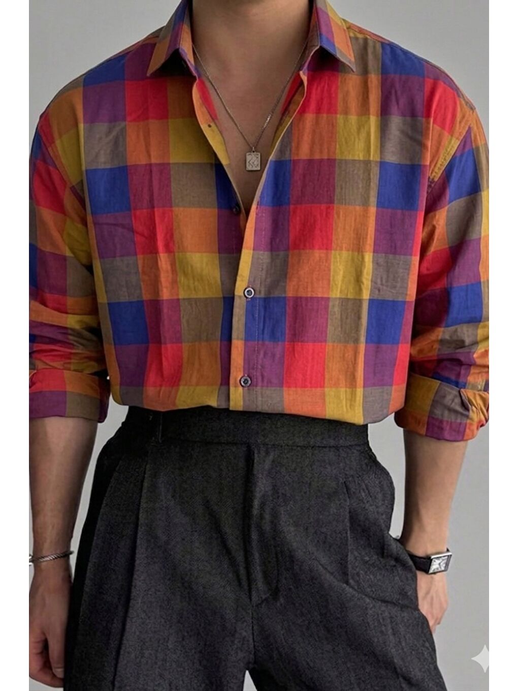 Gri Erkek Ekose Gömlek Slim Fit Pamuklu Uzun Kollu Günlük Gömlek