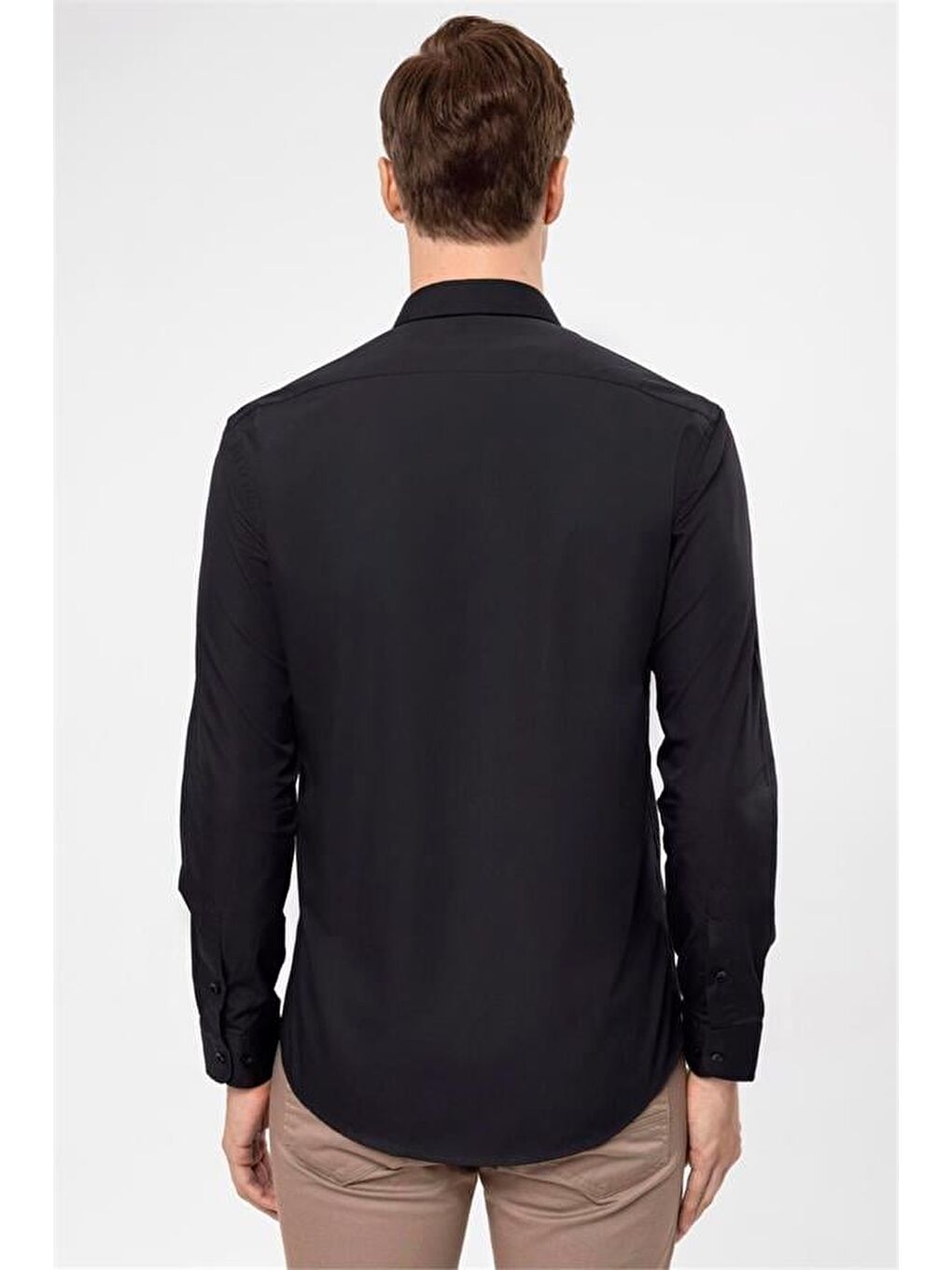 Siyah Slim Düz Klasik Yaka Gömlek-4