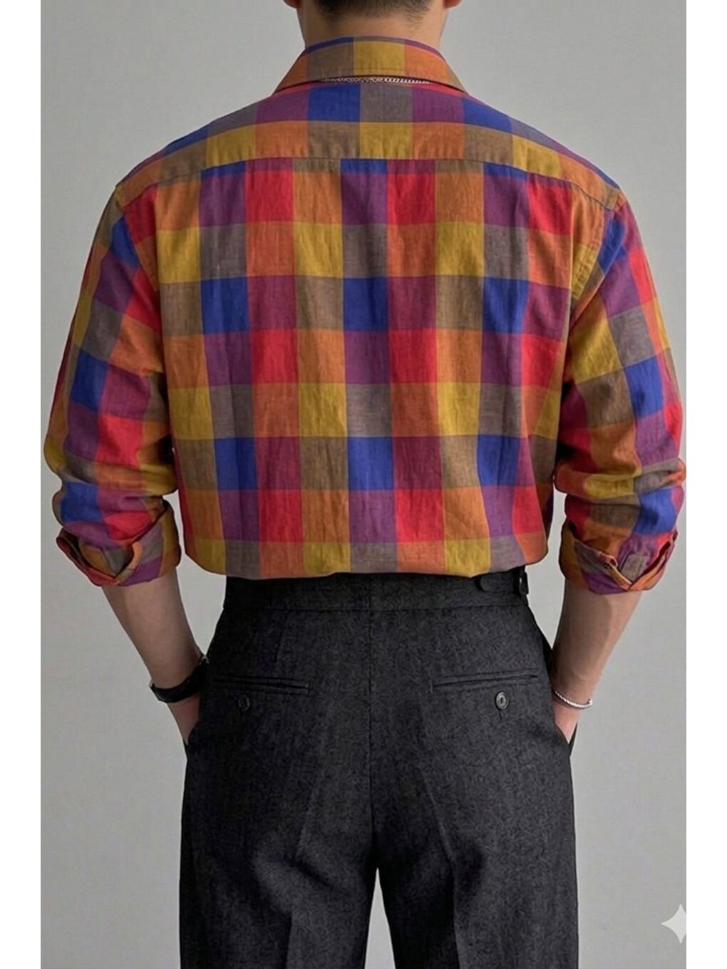 Gri Erkek Ekose Gömlek Slim Fit Pamuklu Uzun Kollu Günlük Gömlek-1