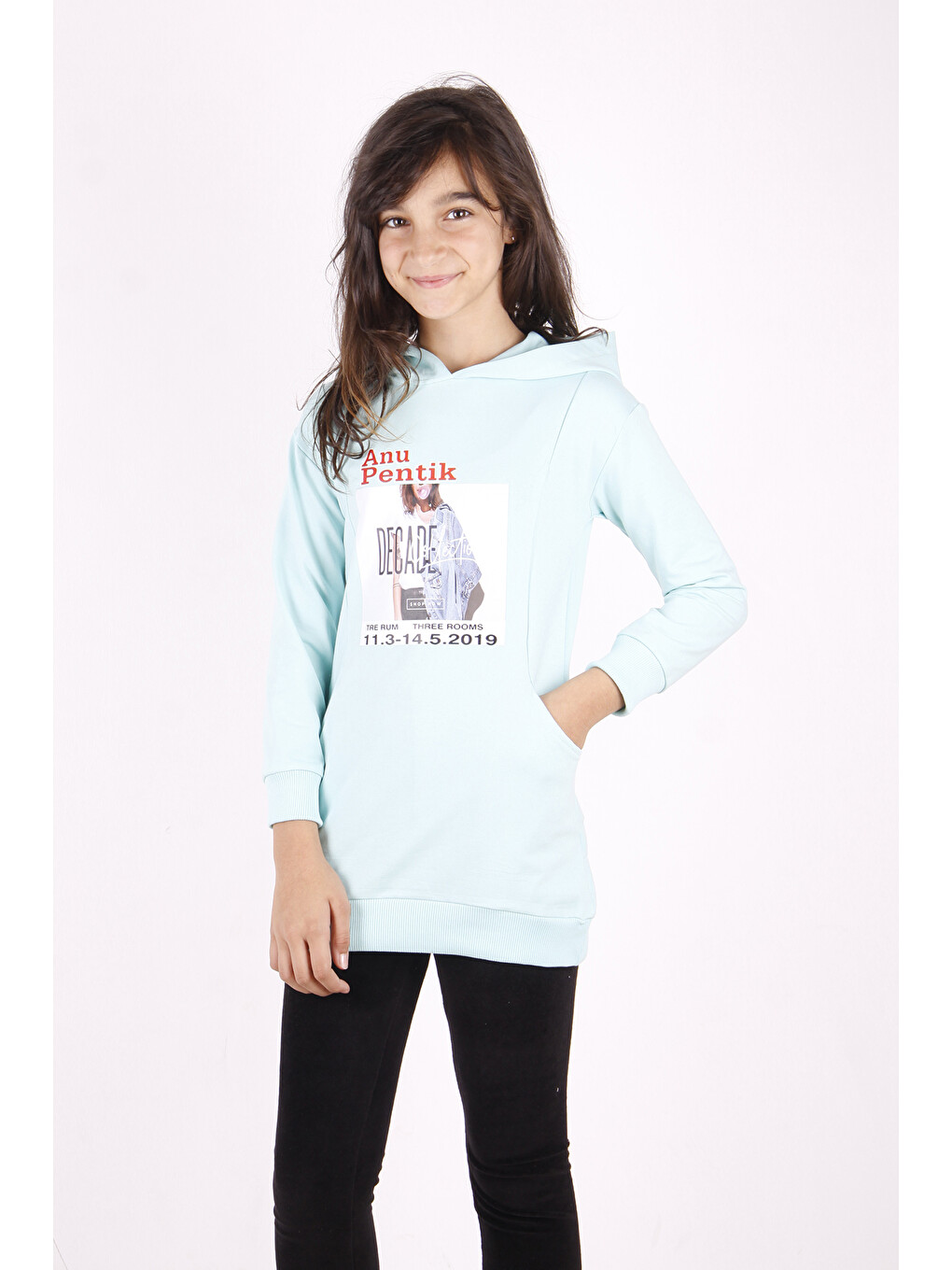 Turkuaz Kız Çocuk Tarz Kız Baskılı Cepli Kapüşonlu Sweatshirt