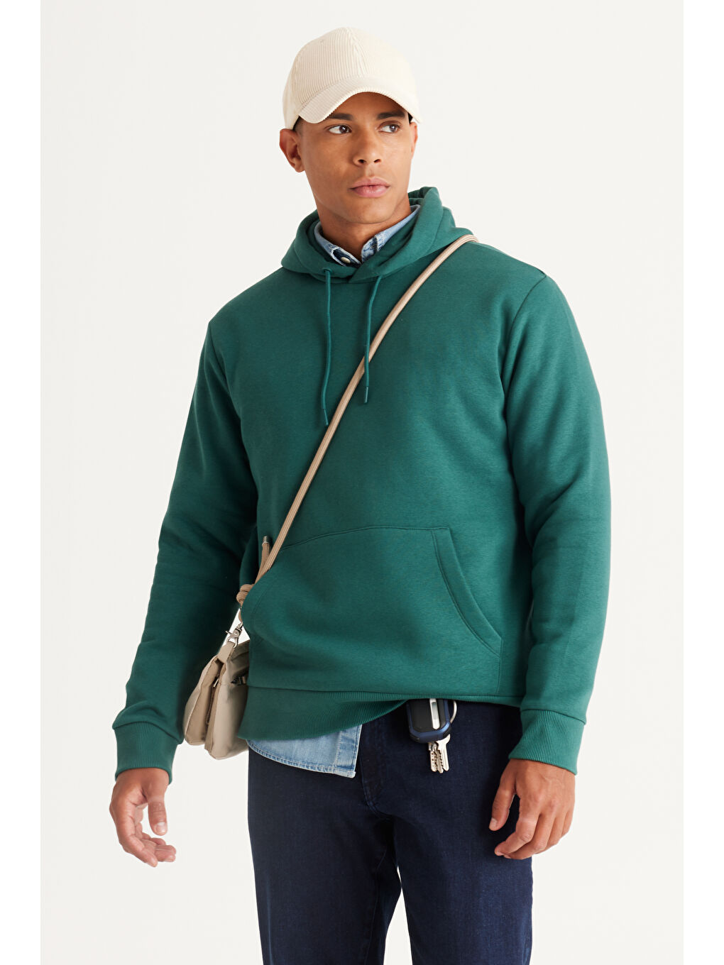 Erkek Koyu Yeşil Standart Fit Pamuklu Kapüşonlu Sweatshirt-1