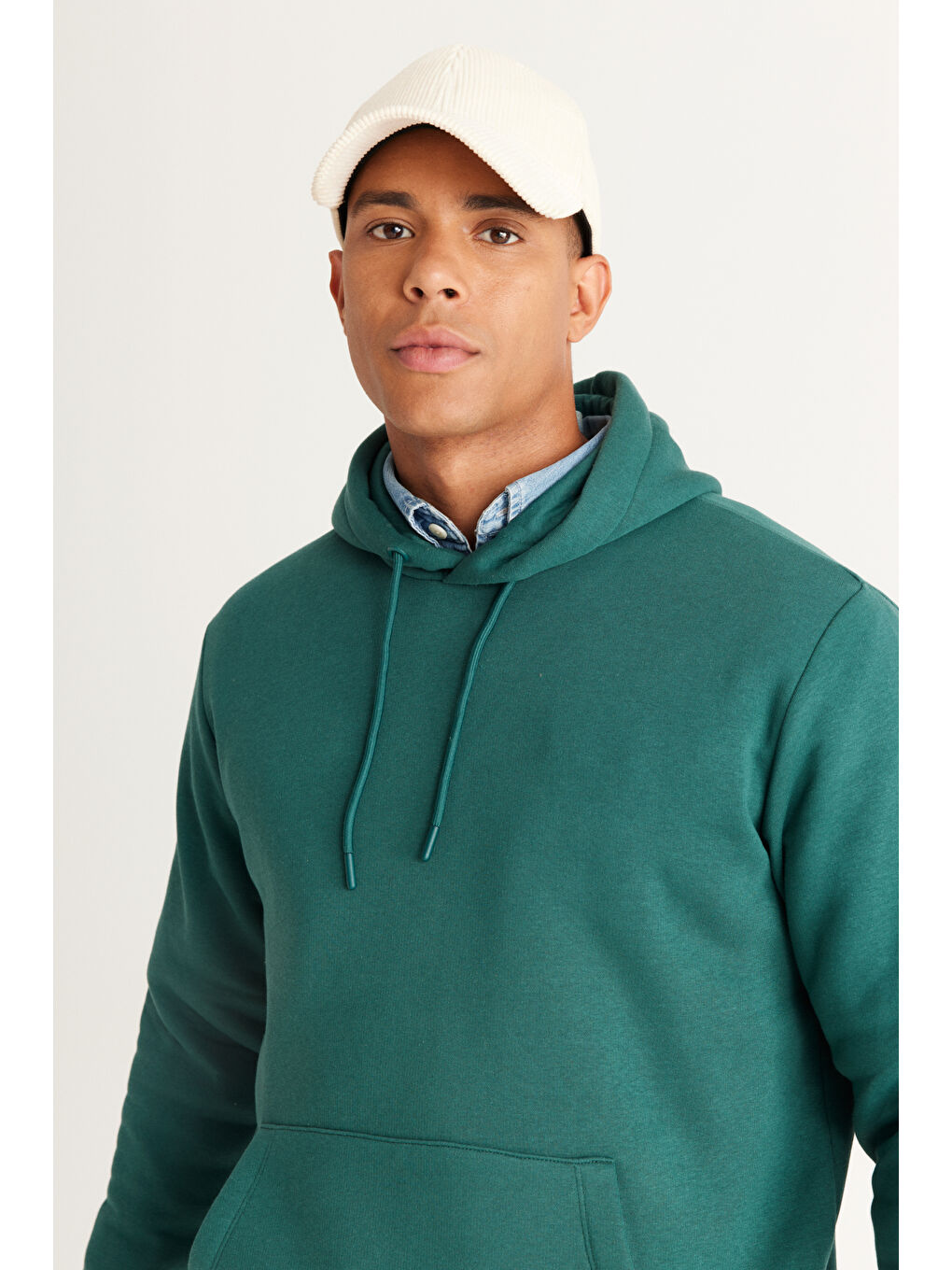 Erkek Koyu Yeşil Standart Fit Pamuklu Kapüşonlu Sweatshirt-3