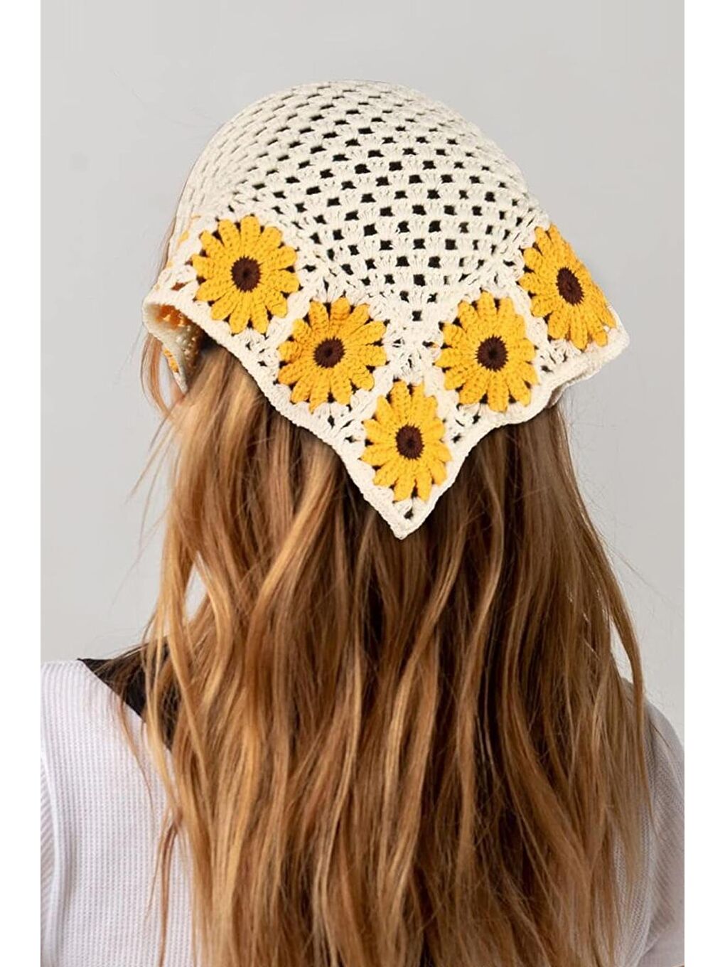 Sarı Floral Örgü Üçgen Bandana-4