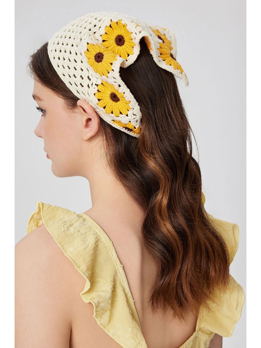 Sarı Floral Örgü Üçgen Bandana-7