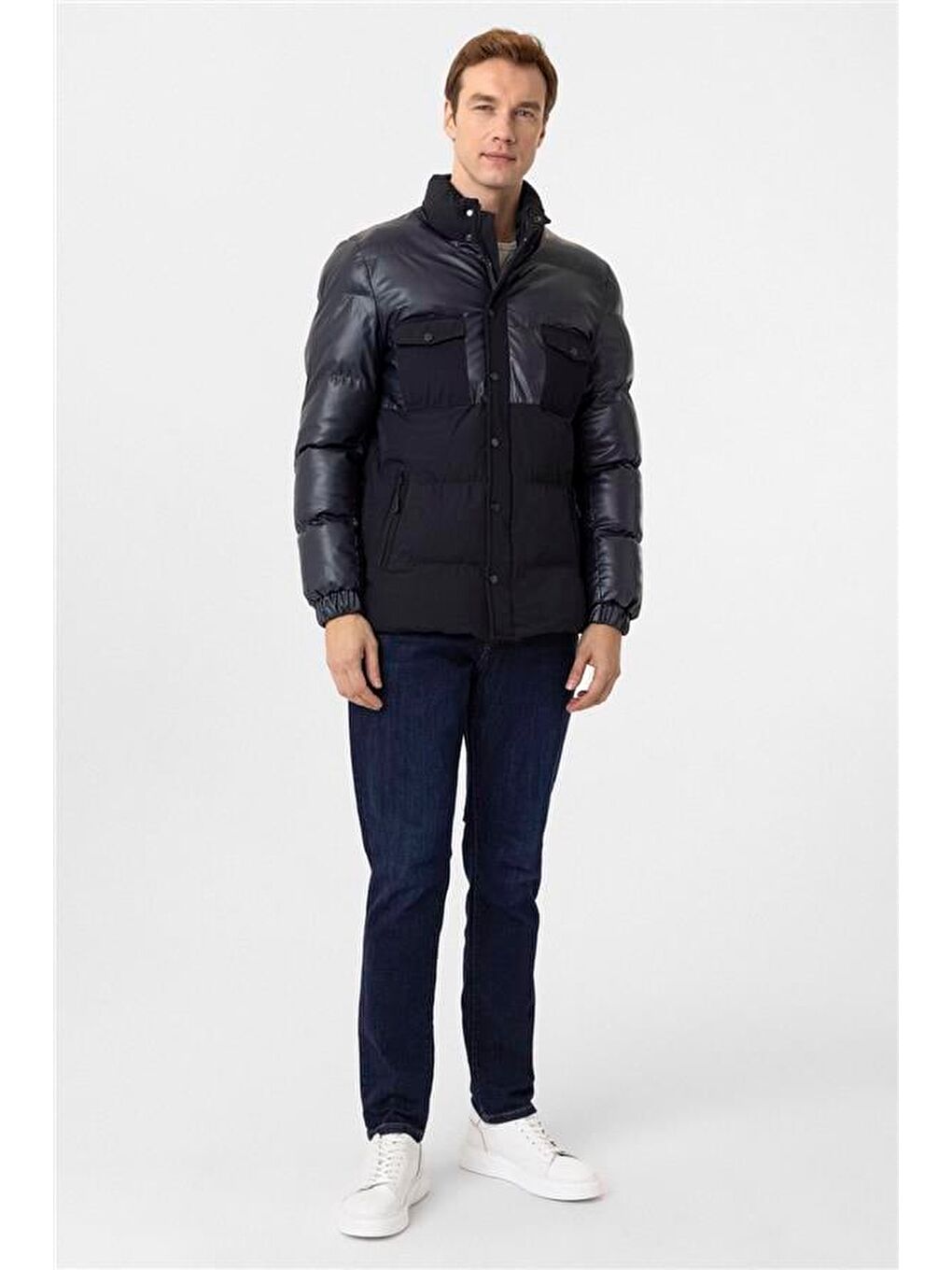 Lacivert Slim Kapitone Dik Yaka Mont-1