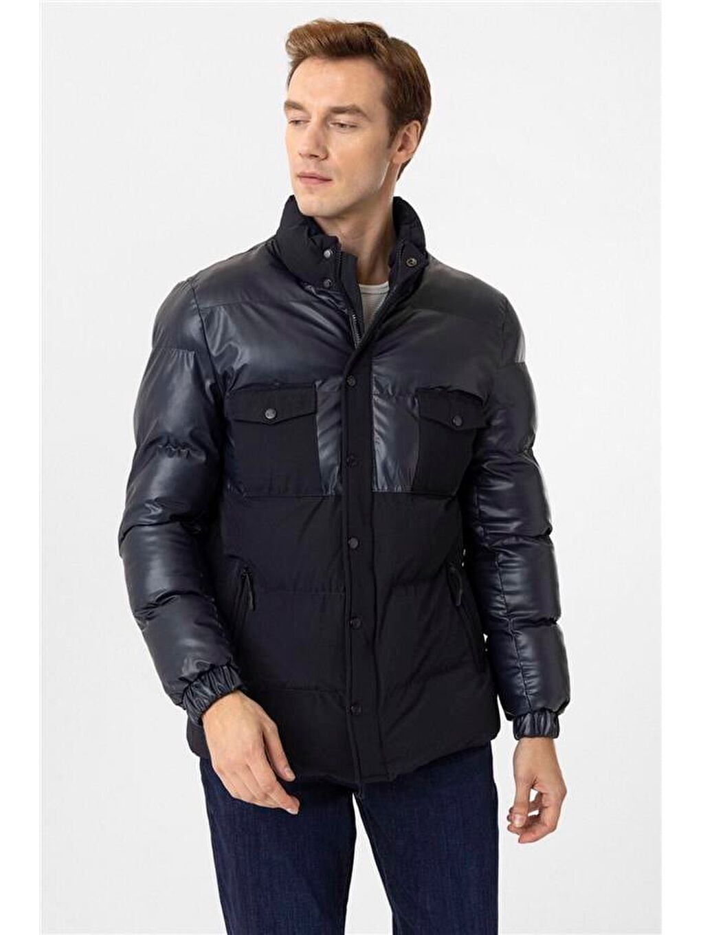 Lacivert Slim Kapitone Dik Yaka Mont-2