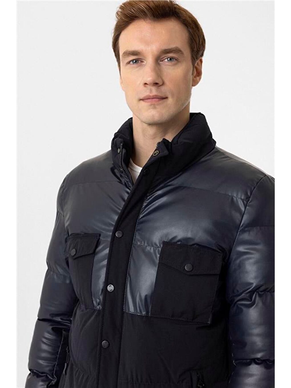 Lacivert Slim Kapitone Dik Yaka Mont-3