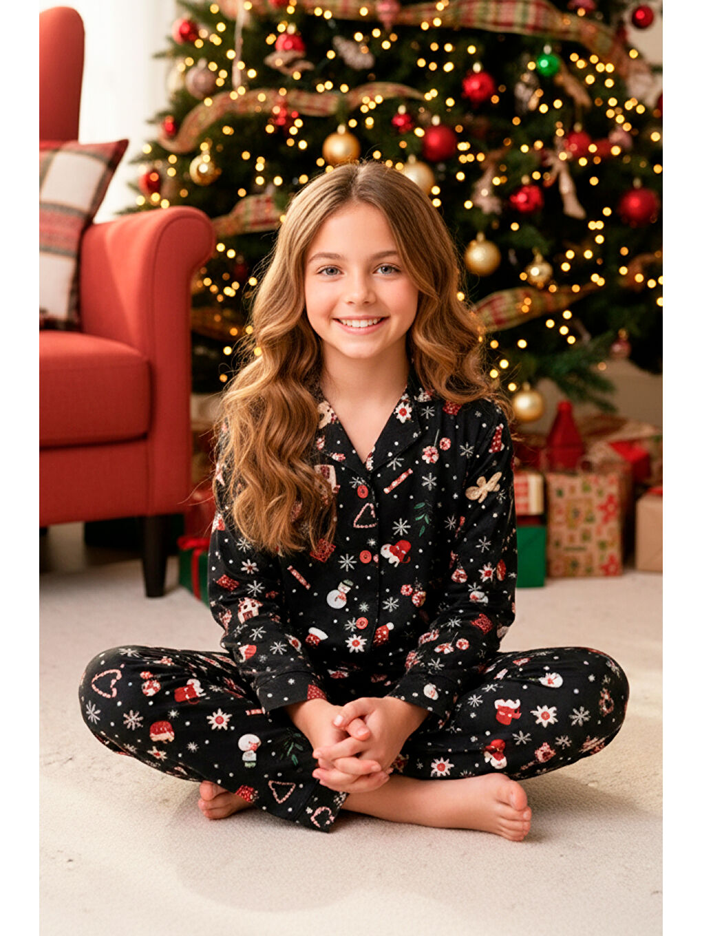 Siyah Kız Çocuk Yeni Yıl Temalı Pijama Takımı-%100 Pamuk Süet -12450-1