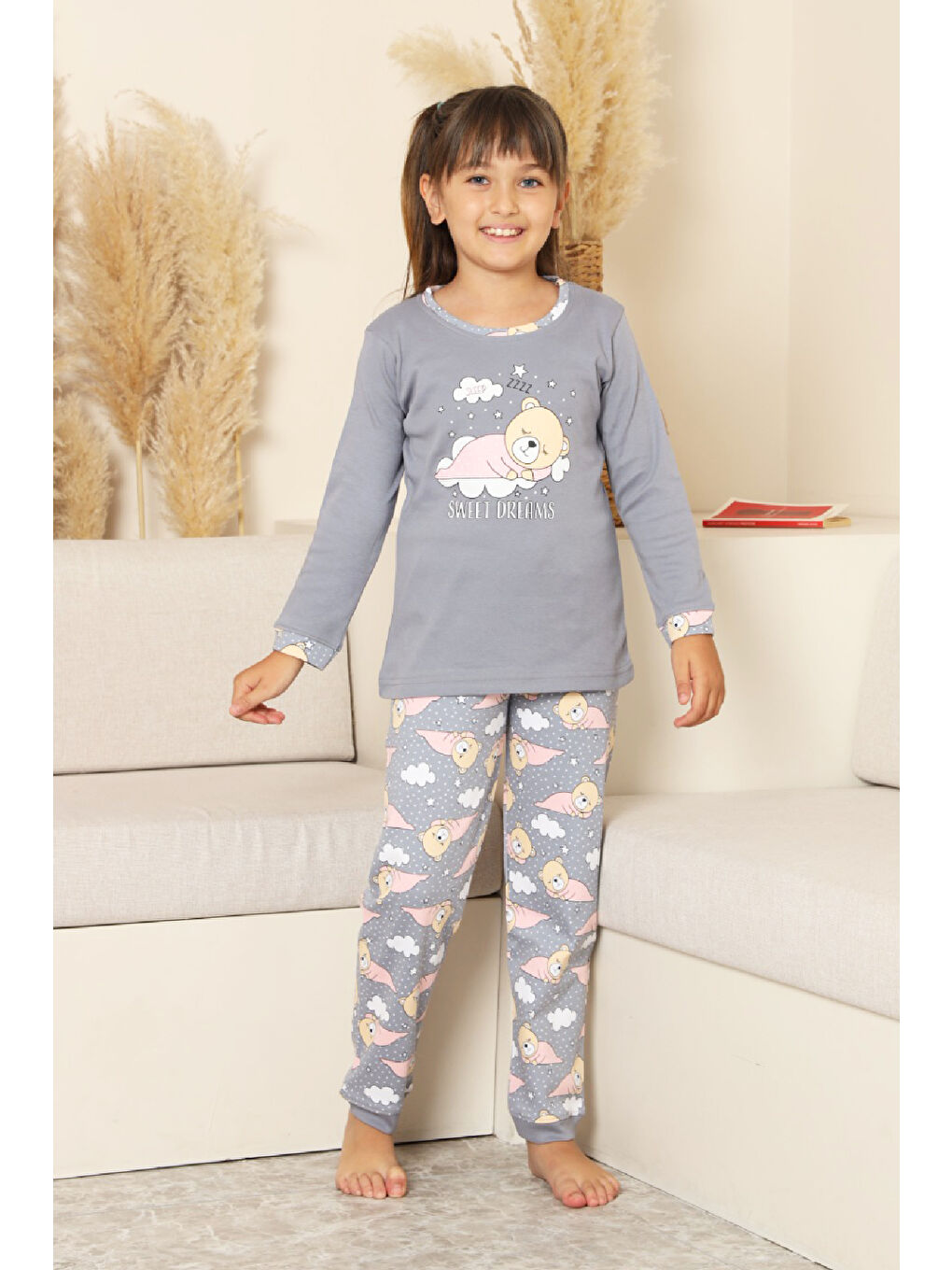 Gri Kız Çocuk %100 Pamuk İnterlok Kumaş Pijama Takımı 11-15 Yaş 12448