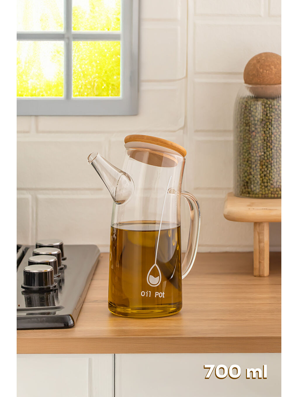 Renksiz 2093 Bambu Kapaklı Vakumlu Borosilikat Cam Yağdanlık Yağlık Sirkelik 700ml