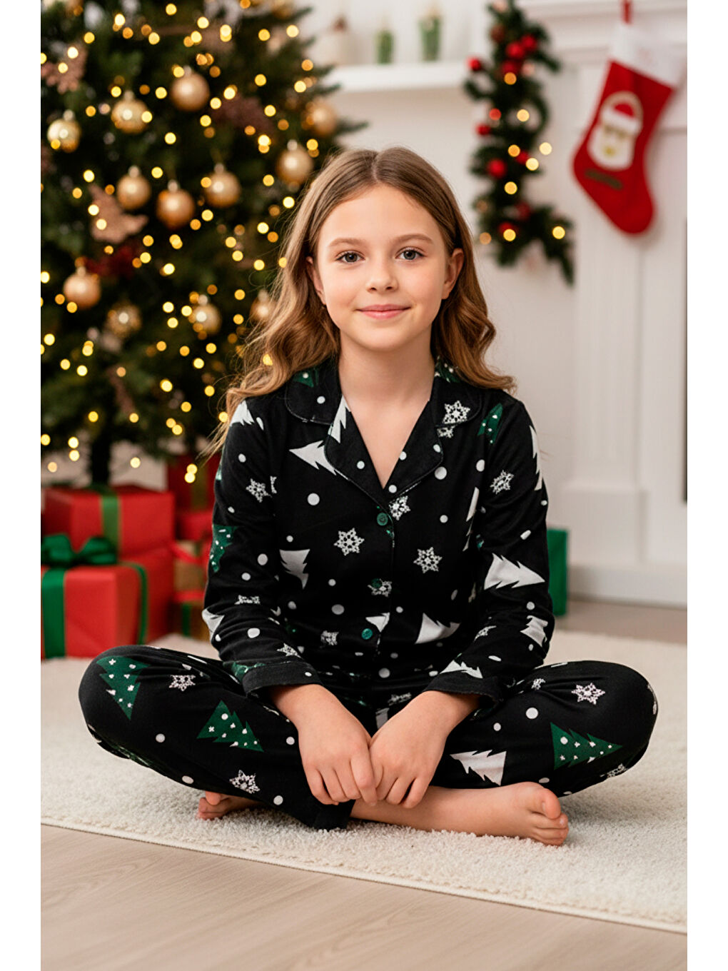 Siyah Kız Çocuk Pijama Takımı-%100 Pamuk Süet -12449-1