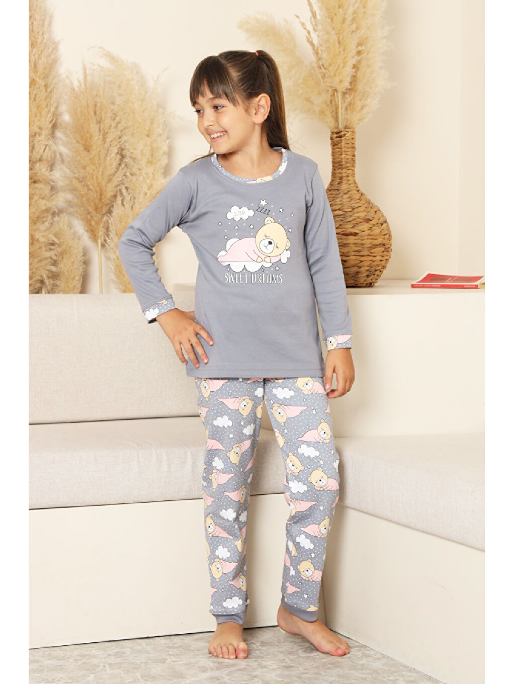 Gri Kız Çocuk %100 Pamuk İnterlok Kumaş Pijama Takımı 11-15 Yaş 12448-1