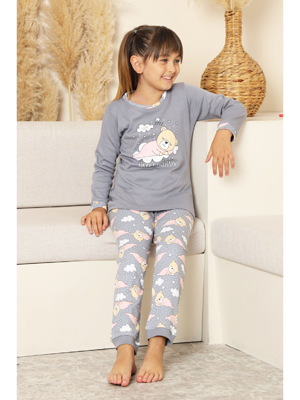 Gri Kız Çocuk %100 Pamuk İnterlok Kumaş Pijama Takımı 11-15 Yaş 12448-2