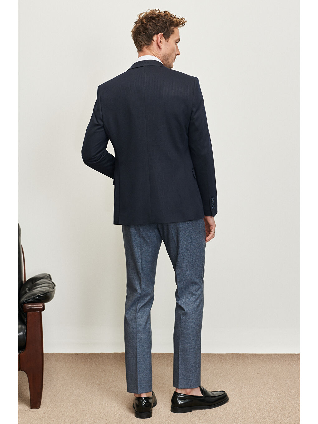 Erkek Koyu Lacivert Slim Fit Dar Kesim Mono Yaka Ekose Desenli Yelekli Takım Elbise-6