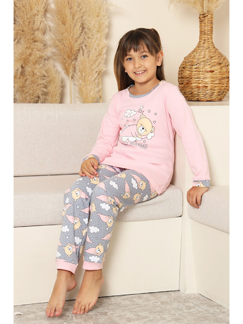 Pembe Kız Çocuk %100 Pamuk İnterlok Kumaş Pijama Takımı 11-15 Yaş 12448-1