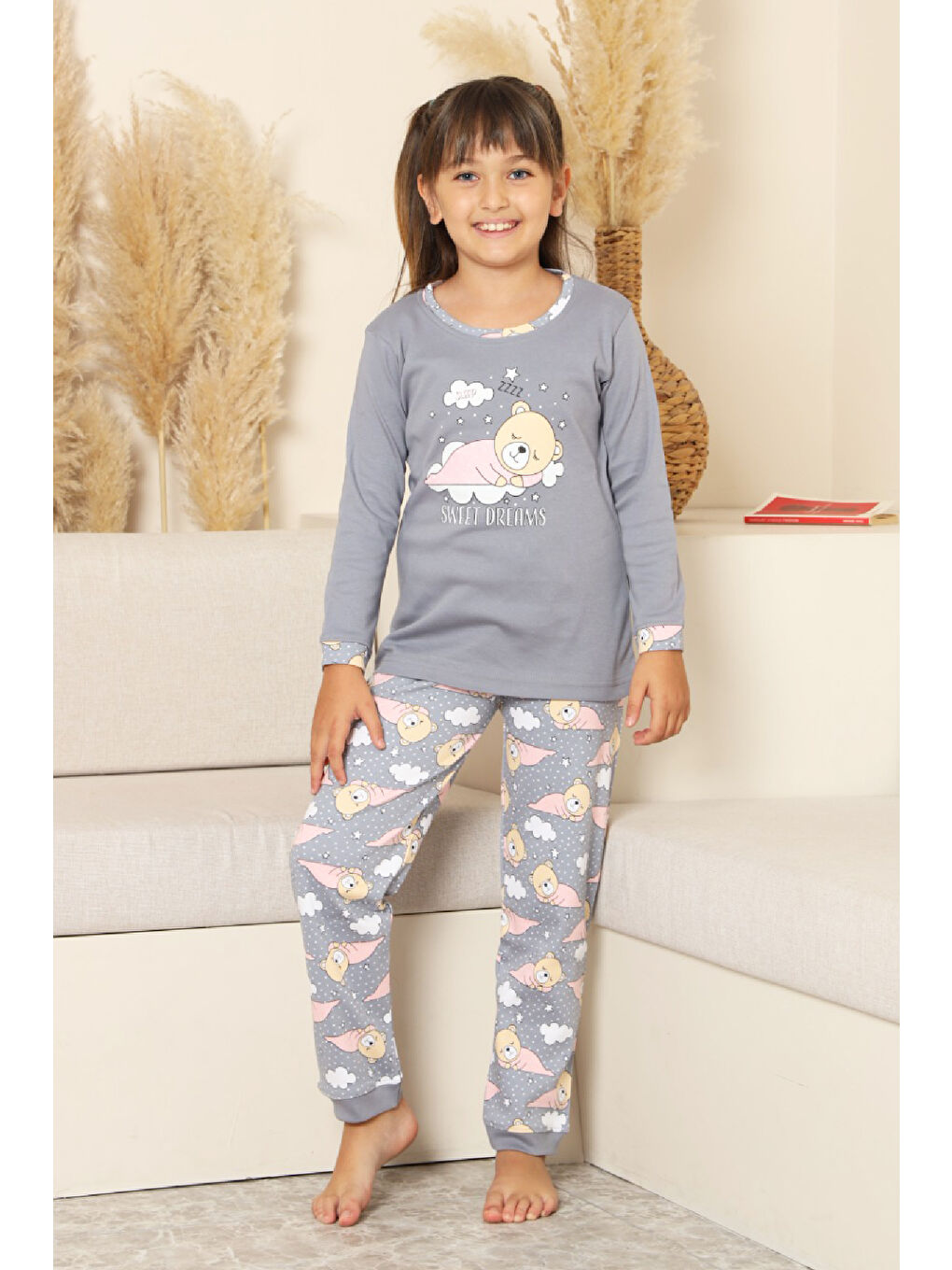 Gri Kız Çocuk %100 Pamuk İnterlok Kumaş Pijama Takımı 11-15 Yaş 12448-3