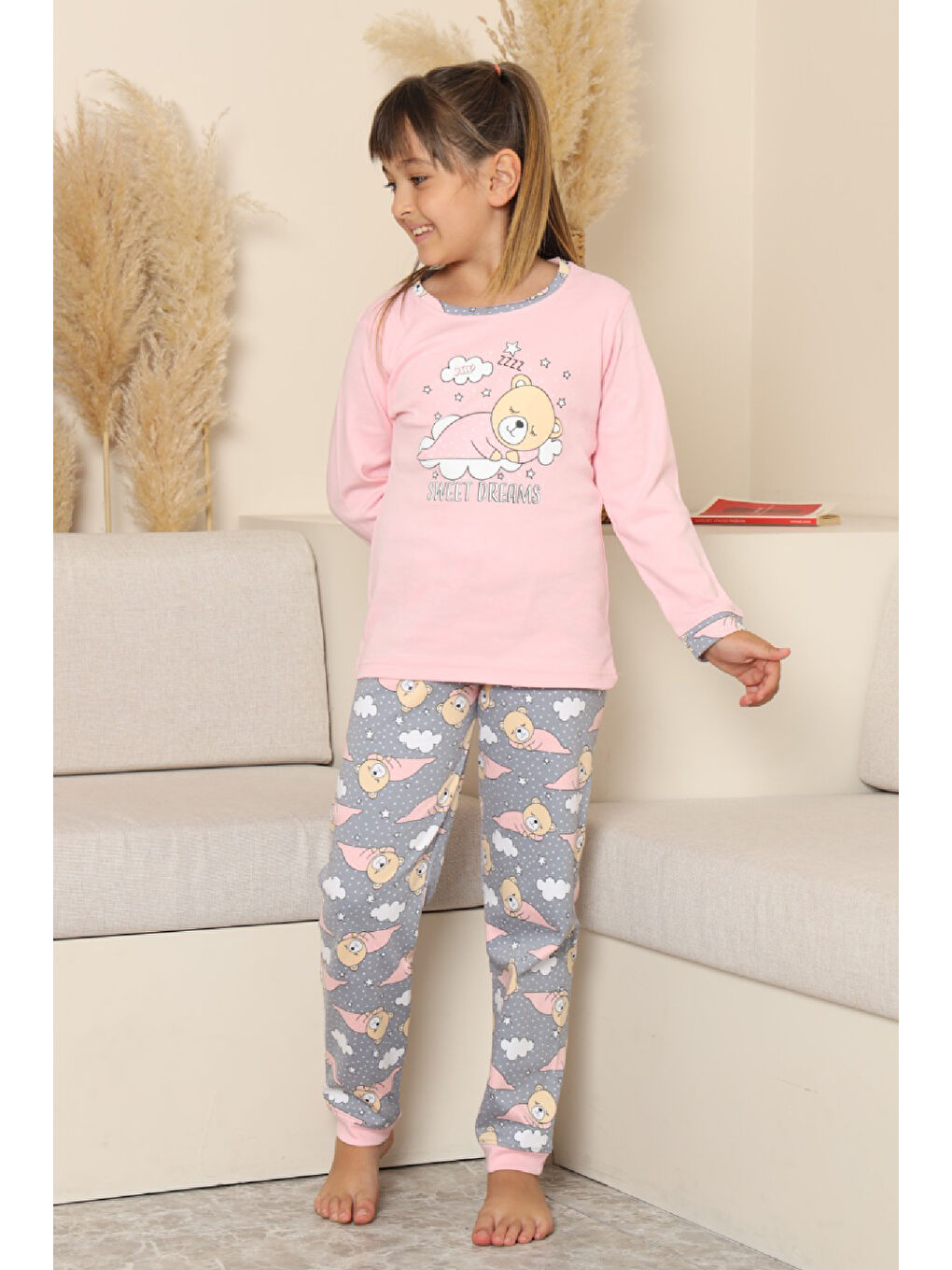 Pembe Kız Çocuk %100 Pamuk İnterlok Kumaş Pijama Takımı 11-15 Yaş 12448-2