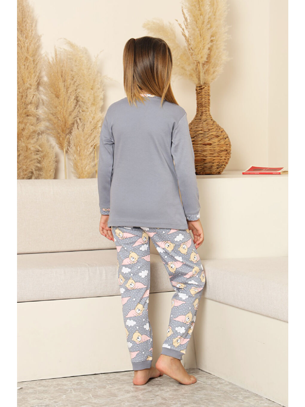 Gri Kız Çocuk %100 Pamuk İnterlok Kumaş Pijama Takımı 11-15 Yaş 12448-4