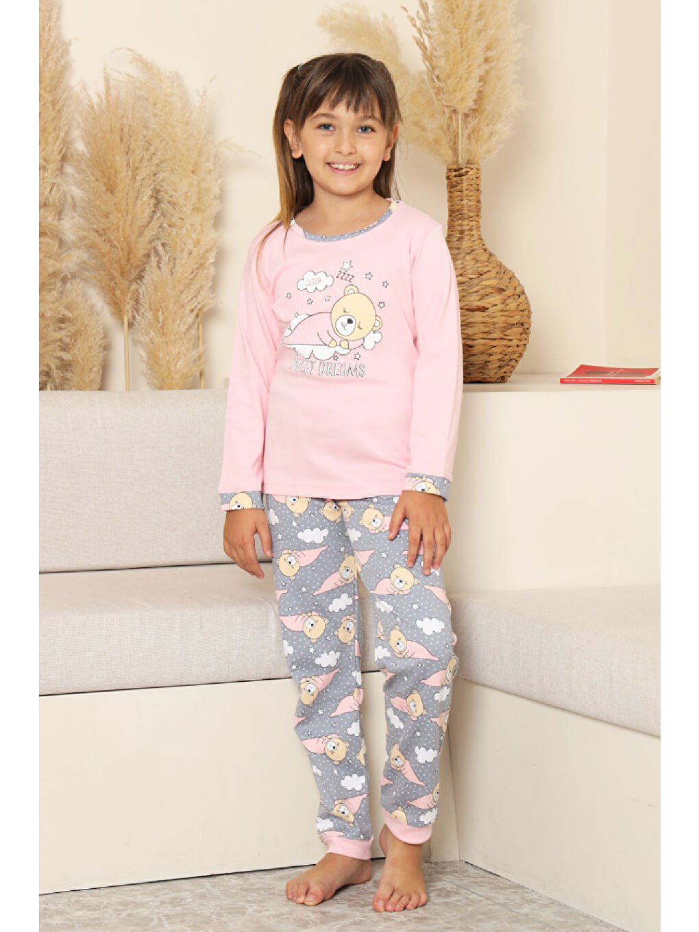 Pembe Kız Çocuk %100 Pamuk İnterlok Kumaş Pijama Takımı 11-15 Yaş 12448-3