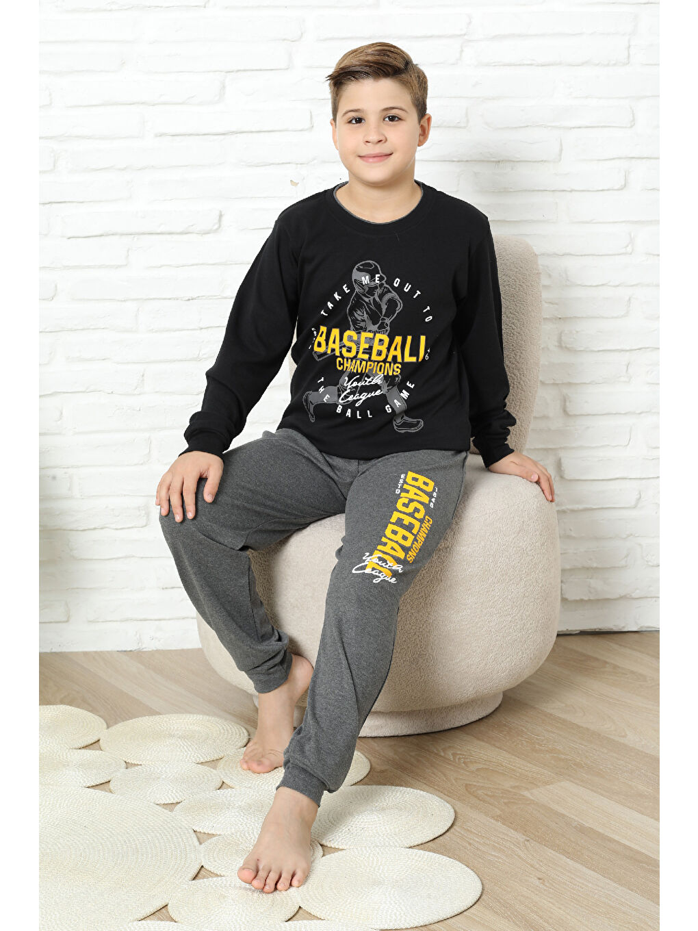 Siyah Erkek Çocuk Pijama Takımı %100 Pamuk İnterlok Kumaş 12447