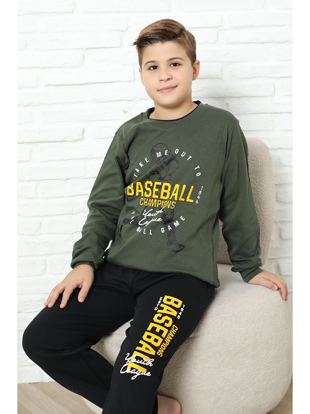 Haki Erkek Çocuk Pijama Takımı %100 Pamuk İnterlok Kumaş 12447-1