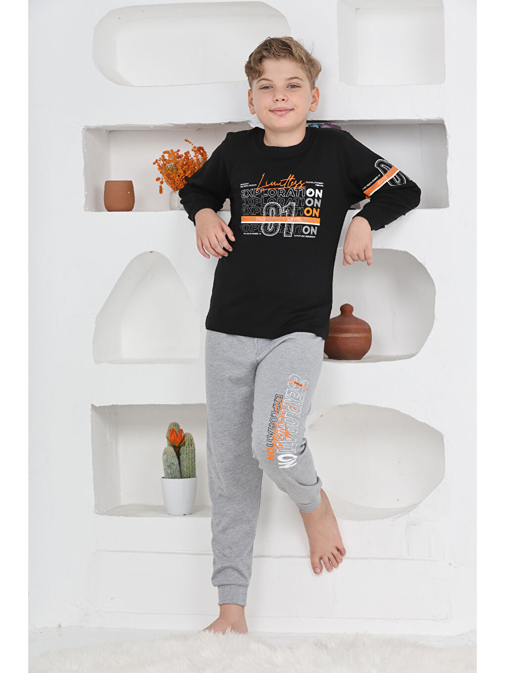 Siyah Erkek Çocuk Baskılı %100 Pamuk İnterlok Kumaş Pijama Takımı 12446