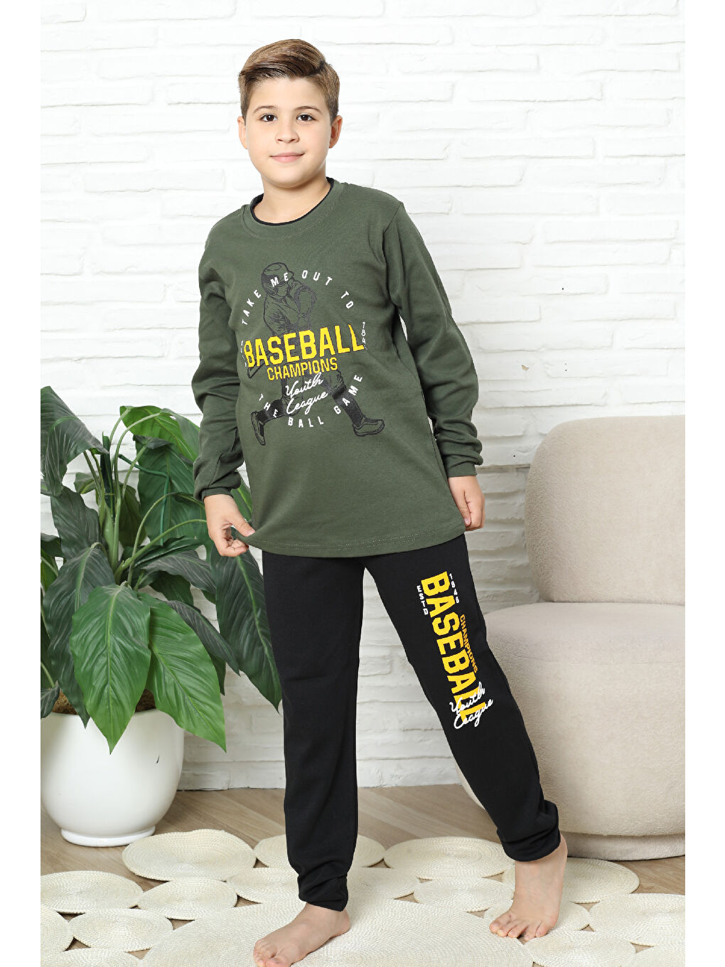 Haki Erkek Çocuk Pijama Takımı %100 Pamuk İnterlok Kumaş 12447-2